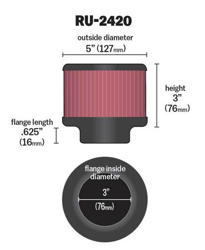 K&N Universal Rubber Filter 3 inch Flange 5 inch OD 3 inch Height K&N Engineering