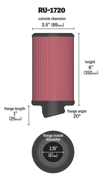 K&N Filter Universal Rubber Round Air Filter 20 Deg Flange Angle 2.25in Flange ID x 3.5in OD x 6in H K&N Engineering