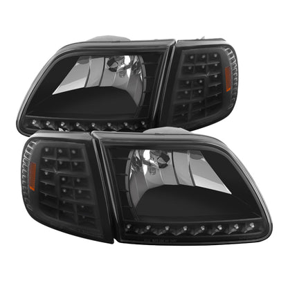 Xtune Ford F150 97-03 Crystal Headlights w/ Clear LED Corners Black HD-ON-FF15097-LED-SET-BK SPYDER