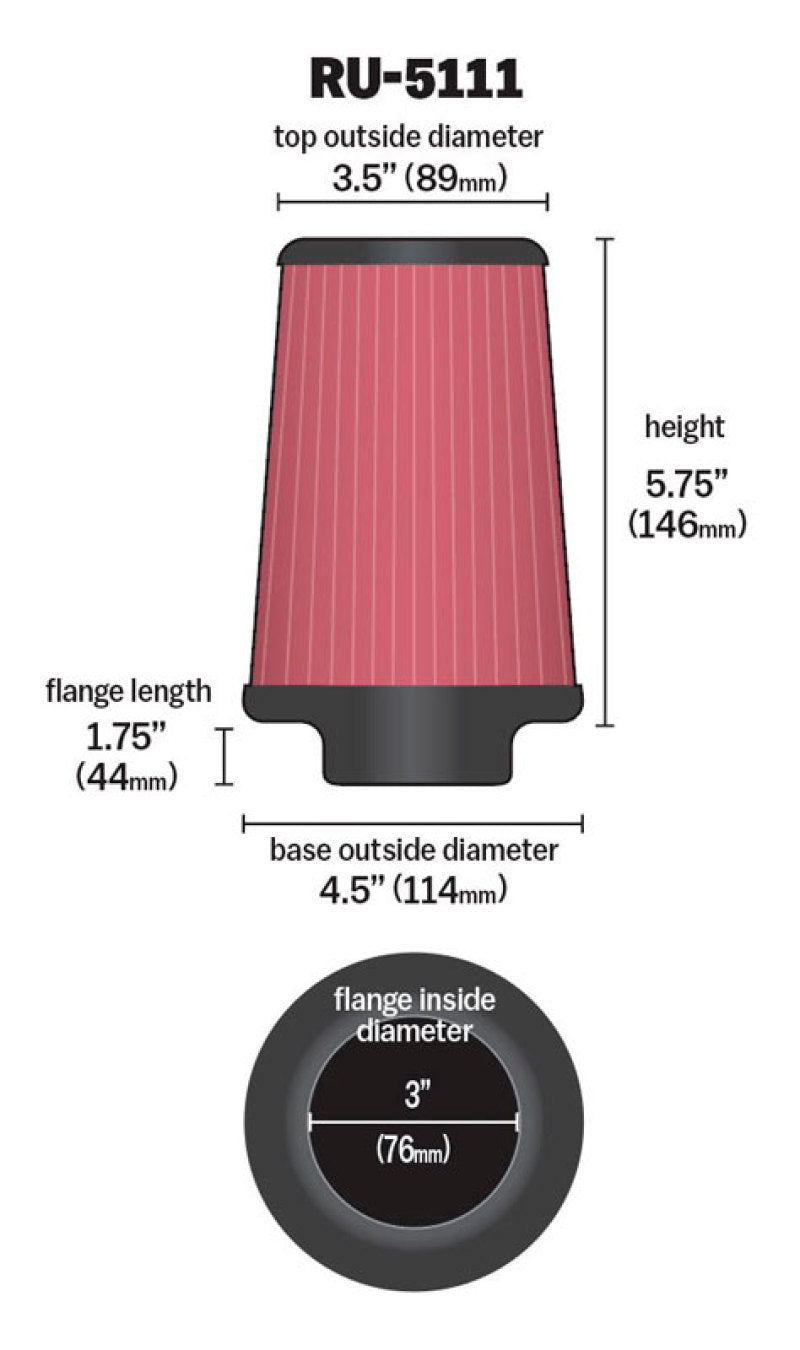 K&N Filter Universal Rubber Filter 3  Flange 4 1/2 Base inch 3 1/2 inch Top 5 3/4 inch Height K&N Engineering