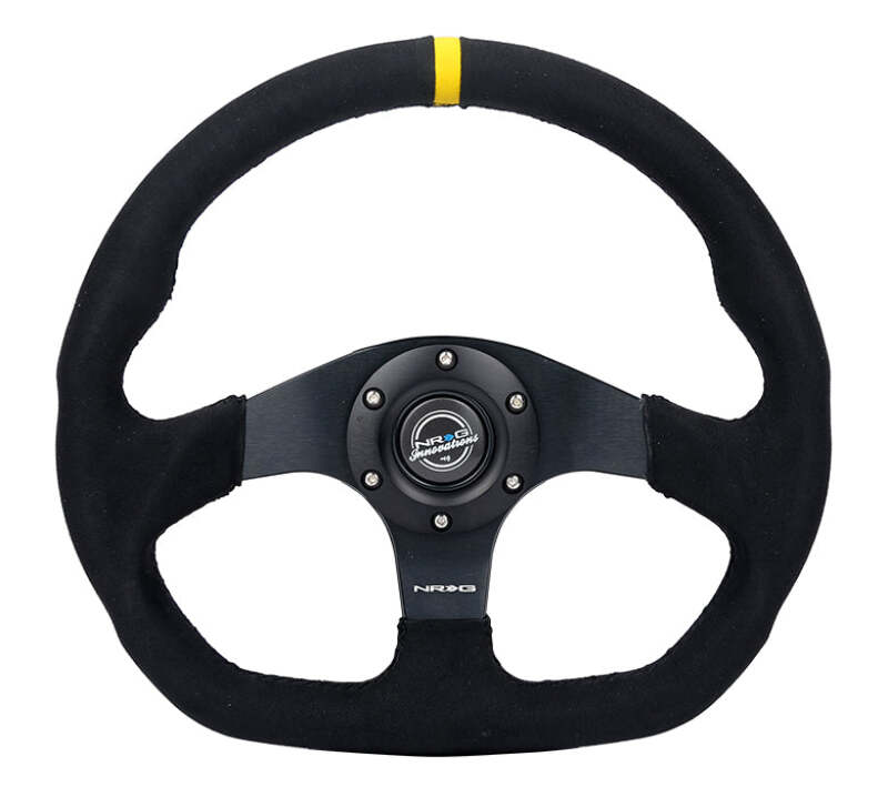 NRG Reinforced Steering Wheel (320mm) Sport Alcantara Flat Bottom w/ Yellow Center Mark - RST-024MB-SA-Y