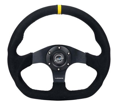 NRG Reinforced Steering Wheel (320mm) Sport Alcantara Flat Bottom w/ Yellow Center Mark - RST-024MB-SA-Y
