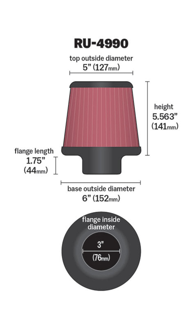K&N Filter Universal Rubber Filter-Rd Tapered 3in Flange ID x 6in Base OD x 5in Top OD x 5.563in H K&N Engineering