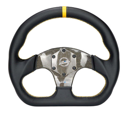 NRG Carbon Fiber Flat Bottom Steering Wheel (320mm) Yellow CF Center w/Yellow Stitch/Yellow Mark