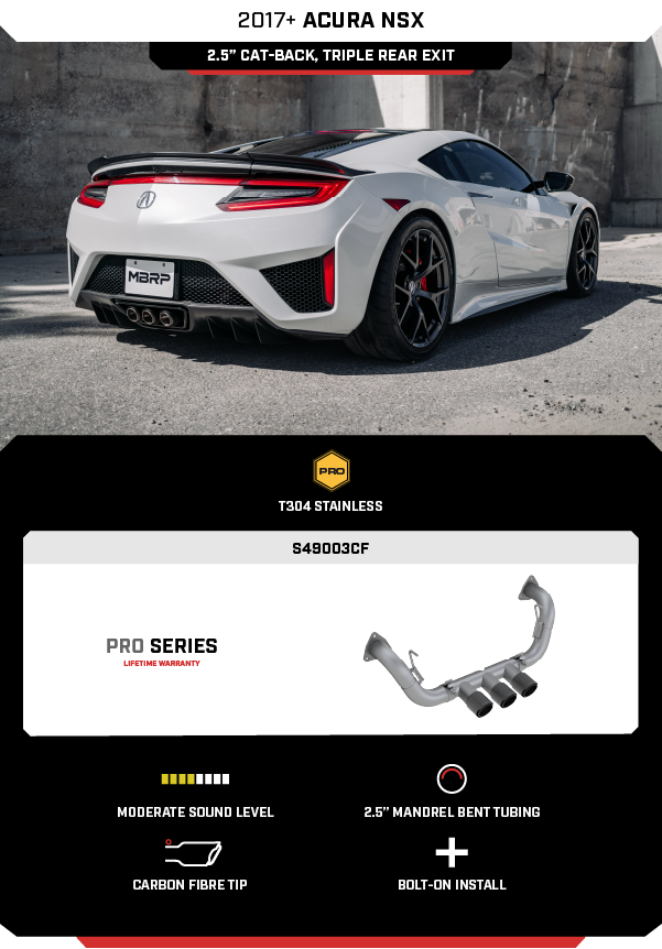 MBRP 2.5" Cat Back, Triple Rear Exit, T304 w/ Carbon Fiber Tips, Acura NSX 2017-2022