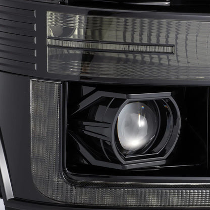 Close-up of a car headlight with a black housing