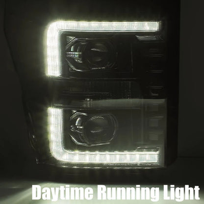 Car headlights with daytime running light feature on a dark background