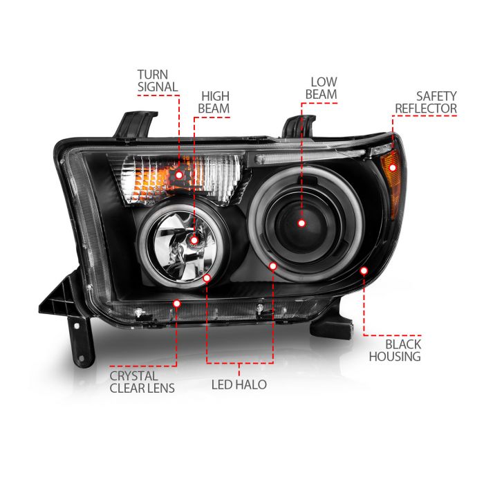 ANZO TOYOTA TUNDRA 07-13 / SEQUOIA 08-17 PROJECTOR HEADLIGHTS BLACK W/ RX HALO & LED BAR - 111174 ANZO