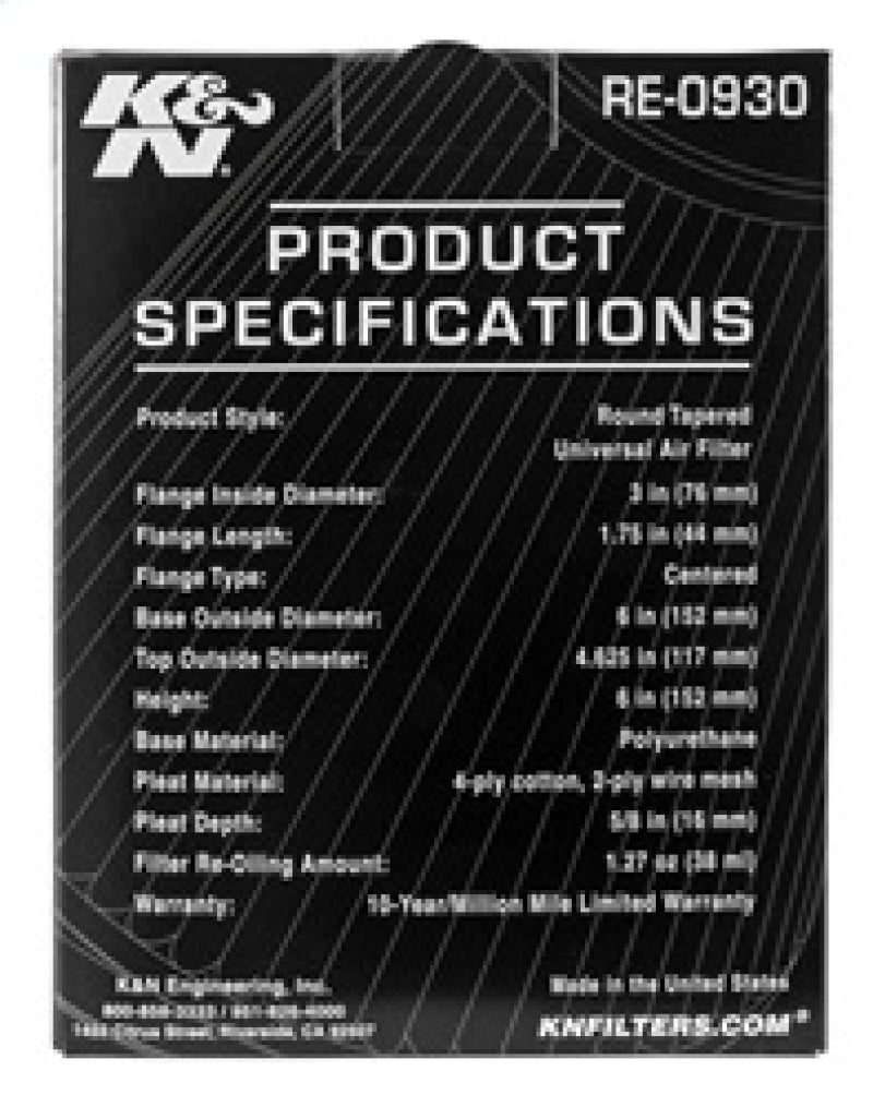 K&N Universal Rubber Filter - Round Tapered 6in Base OD x 3in Flange ID x 6in H K&N Engineering