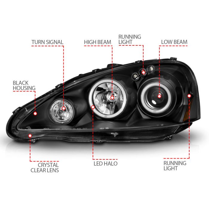 ANZO ACURA RSX 05-06 PROJECTOR HALO HEADLIGHTS BLACK W/ RX HALO - 121197 ANZO