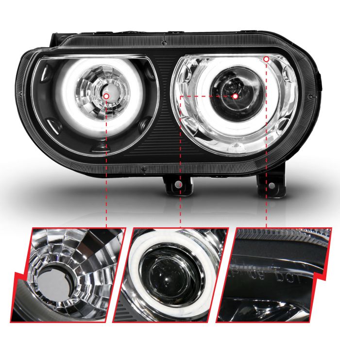 ANZO DODGE CHALLENGER 08-14 PROJECTOR HALO HEADLIGHTS BLACK W/ RX HALO - 121308