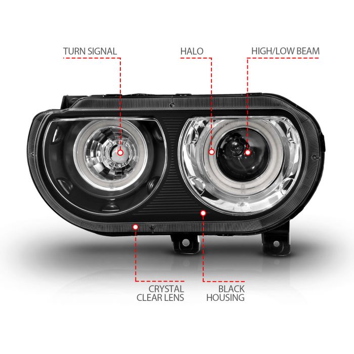 ANZO DODGE CHALLENGER 08-14 PROJECTOR HALO HEADLIGHTS BLACK W/ RX HALO - 121308