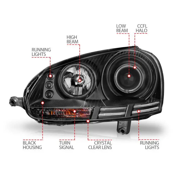 ANZO VOLKSWAGEN JETTA 05.5-10 / RABBIT/GTI 06-09 PROJECTOR HEADLIGHTS BLACK W/ HALO (CCFL) - 121345 ANZO