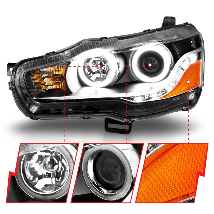 ANZO MITSUBISHI LANCER 08-15 PROJECTOR HEADLIGHTS BLACK W/ RX HALO - 121428