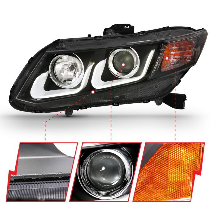 ANZO HONDA CIVIC 2 DR 12-13 / 4 DR 12-15 PROJECTOR HEADLIGHTS U-BAR BLACK CLEAR -121479