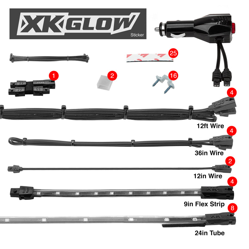 XK Glow Single Color XKGLOW UnderglowLED Accent Light Car/Truck Kit Red - 8x24In Tube + 4x8In Strip