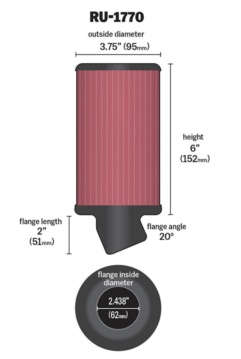 K&N Filter Universal Rubber Filter 2 7/16 inch 20 Degree Flange 3 3/4 inch OD 6 inch Height K&N Engineering