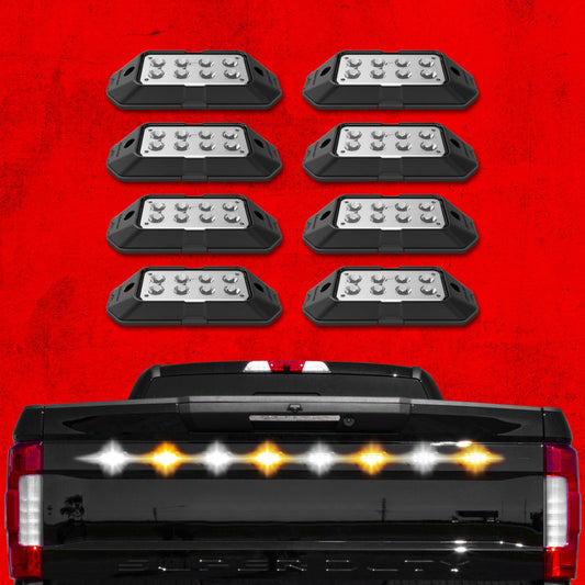 XKGlow 8pc Strobe Pod Lights w/ Traffic Modes Ultra Bright LEDs Multiple Strobe modes + Solid On - Red + Blue - Part XK052001-8RB