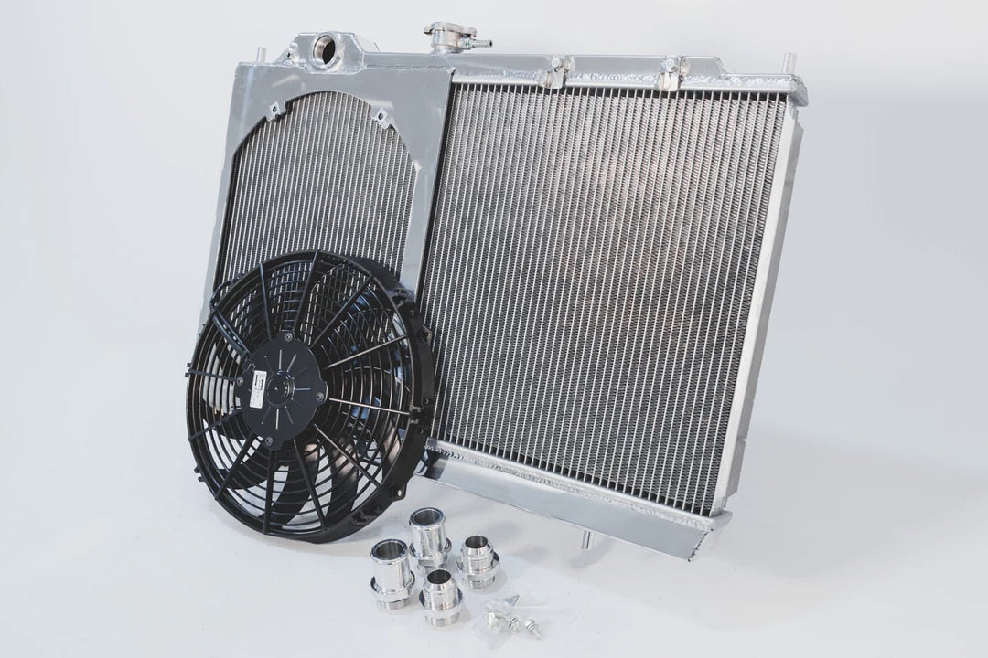 CSF 7075B 1996-2007 Mitsubishi Lancer Evolution (MT)ALUMINUM “Full slim” radiator w/ adjustable -16 or slip-on fittings & 12″ SPAL FAN/shroud - Black CSF