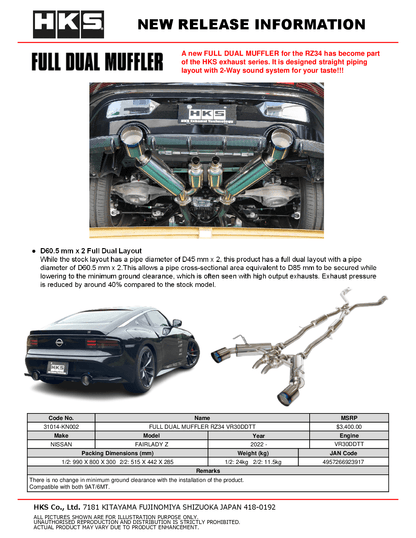 HKS Catback Dual Muffler Exhaust 2022- Nissan Z VR30DDTT - 31014-KN002 HKS
