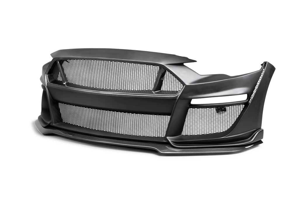 18-23 Ford Mustang GT500 Style Fiberglass Front Bumper W/Carbon Fiber Grille & Lip - AC-FB18FDMU-ST-PC