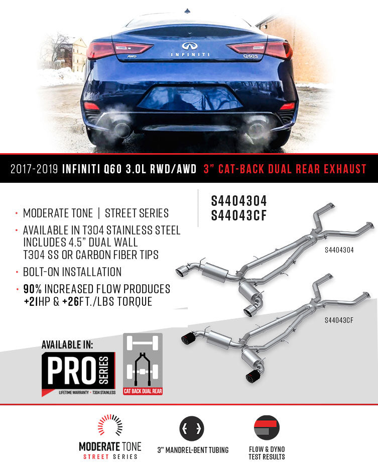 MBRP 2017-2022 Infiniti Q60 3.0L V6 3in Cat-Back Exhaust Dual Rear Exit - S44043CF MBRP