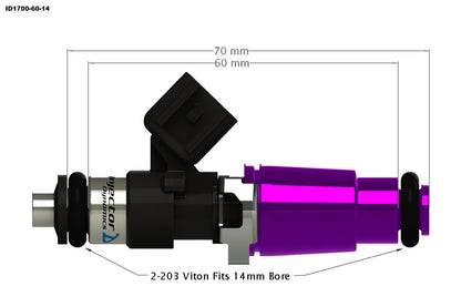Injector Dynamics 1700cc Injector - 60mm Length - 14mm Grey Top - 14mm Lower O-Ring - 1700.60.14.14B.4 Injector Dynamics
