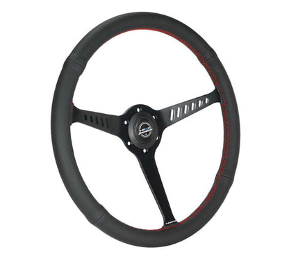 NRG Reinforced Stealth Wheel (380mm) 3 Spoke Center - 1in Deep Dish - Perforated Leather Red Stitch - RST-380-STL-R