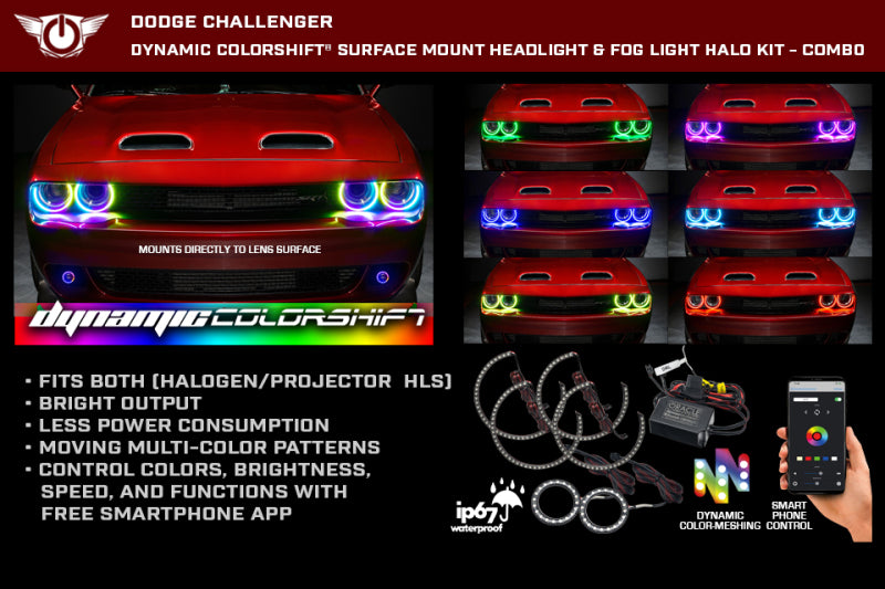 Oracle 15-23 Dodge Challenger Dynamic Surface Mount Headlight/Fog Light Halo Kit COMBO - ColorSHIFT