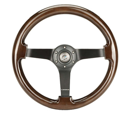 NRG Reinforced Steering Wheel (350mm) Dark Wood Grain - 3in Deep - Black 3-Spoke Center - RST-036BK-BKW