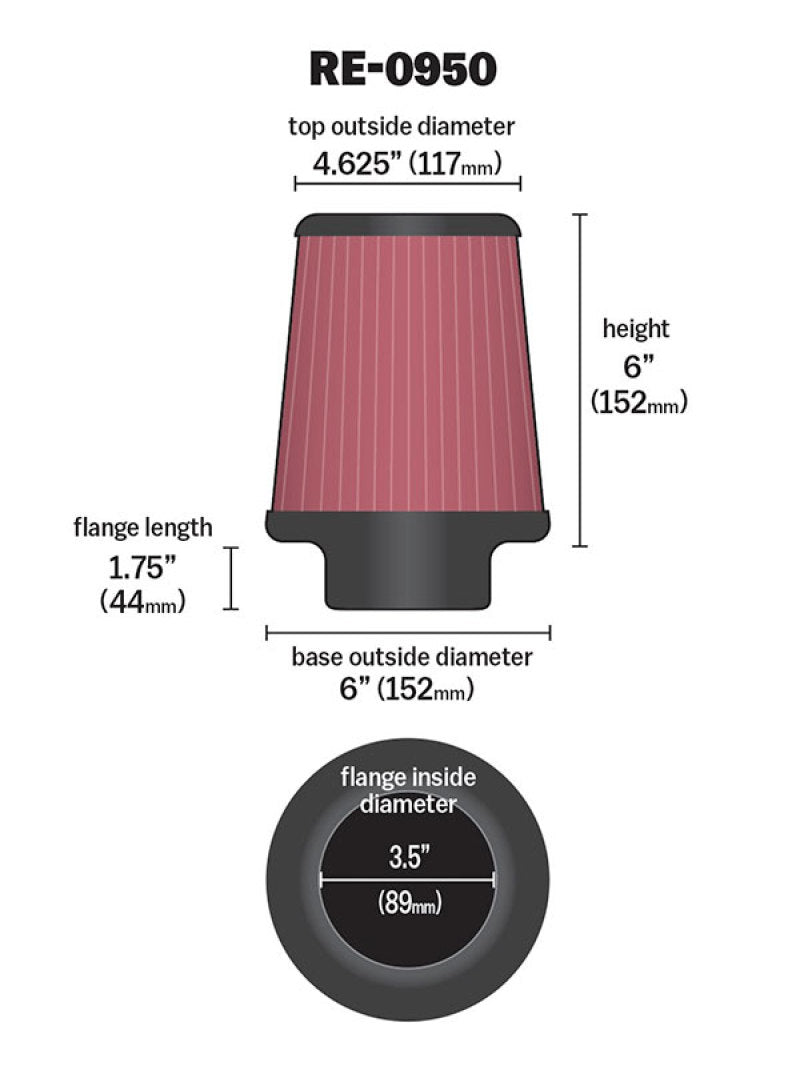 K&N Universal Rubber Filter 3 1/2inch ID FLG / 6inch Base / 4-5/8inch Top / 6inch Height K&N Engineering