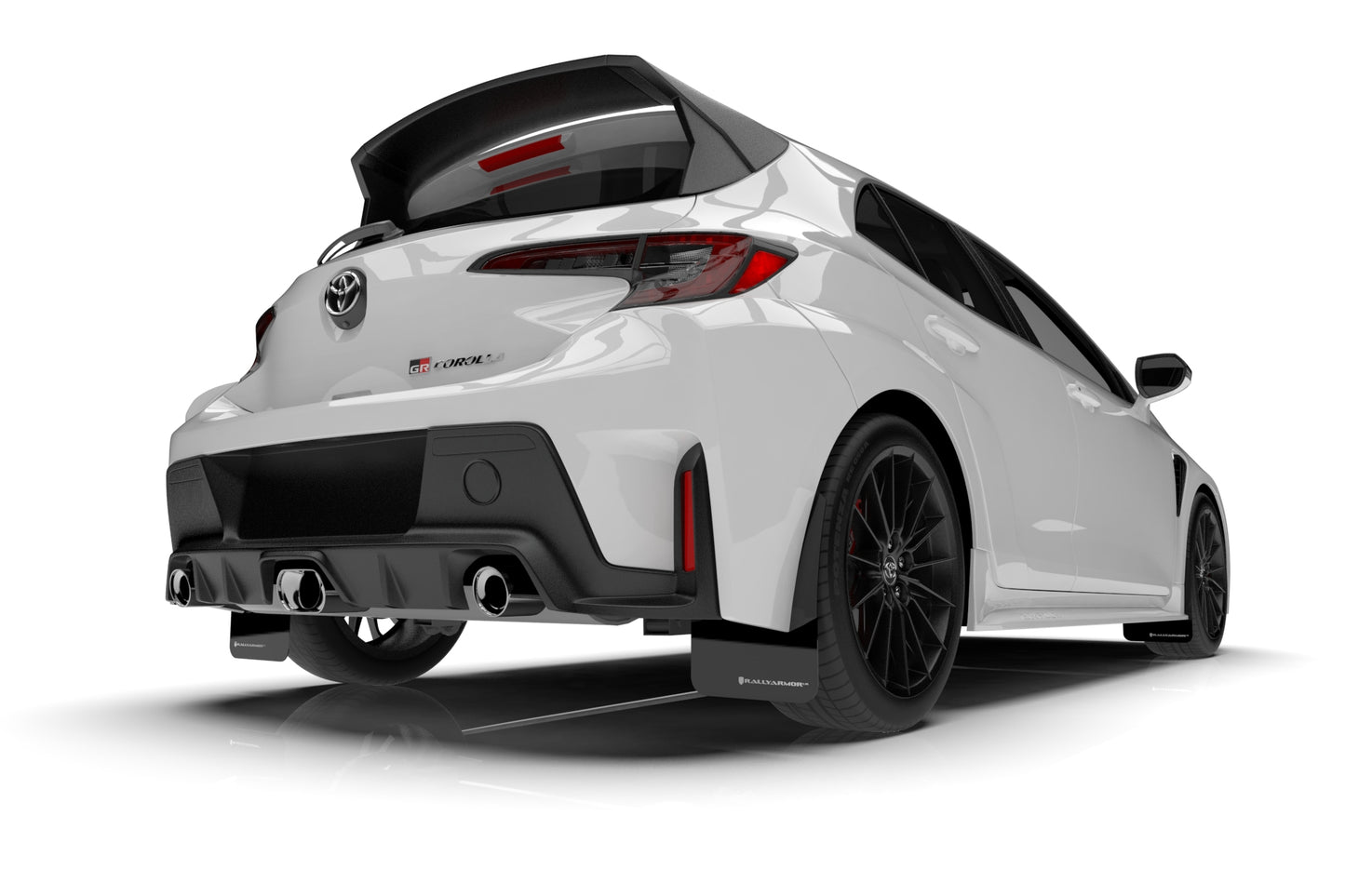 2023 Toyota GR Corolla with Rally Armor Black UR Mud Flaps – White Logo – MF89-UR-BLK/WH