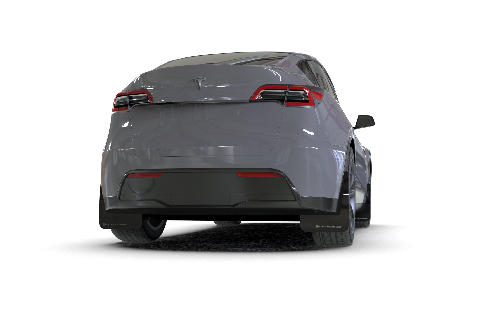 2024 Tesla Model Y with Rally Armor Black UR Mud Flaps – Grey Logo – MF72-UR-BLK/DGRY