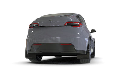 2024 Tesla Model Y with Rally Armor Black UR Mud Flaps – Grey Logo – MF72-UR-BLK/DGRY