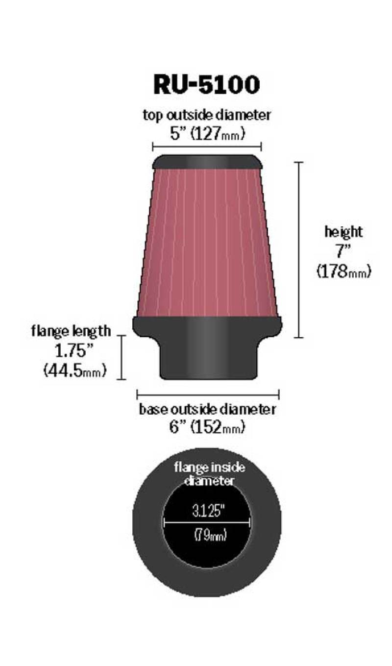 K&N Universal Clamp-On Air Filter 3-1/8in FLG / 6in B / 5in T / 7in H K&N Engineering