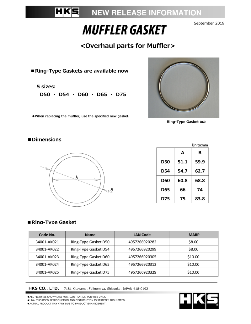 HKS Muffler Gasket 51.1mm ID 59.9mm OD HKS