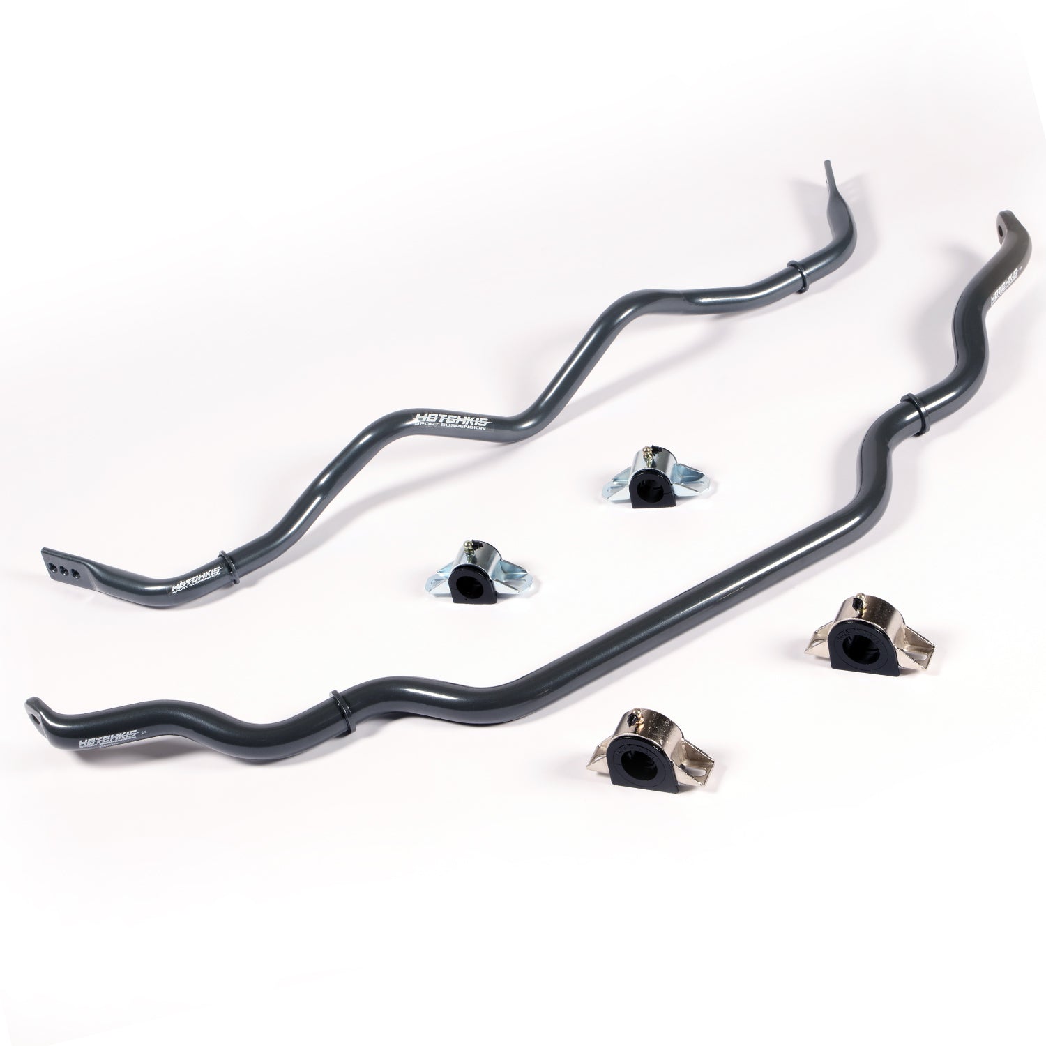 Hotchkis Sport Sway Bar Set – designed for 2014–2019 Infiniti Q50 and 2017–2019 Q60 (RWD only); includes two thick tubular sway bars (front and rear), heavy-duty polyurethane bushings, brackets, adjustable end links, all with gloss gray powder coat finish, SKU 22449.
