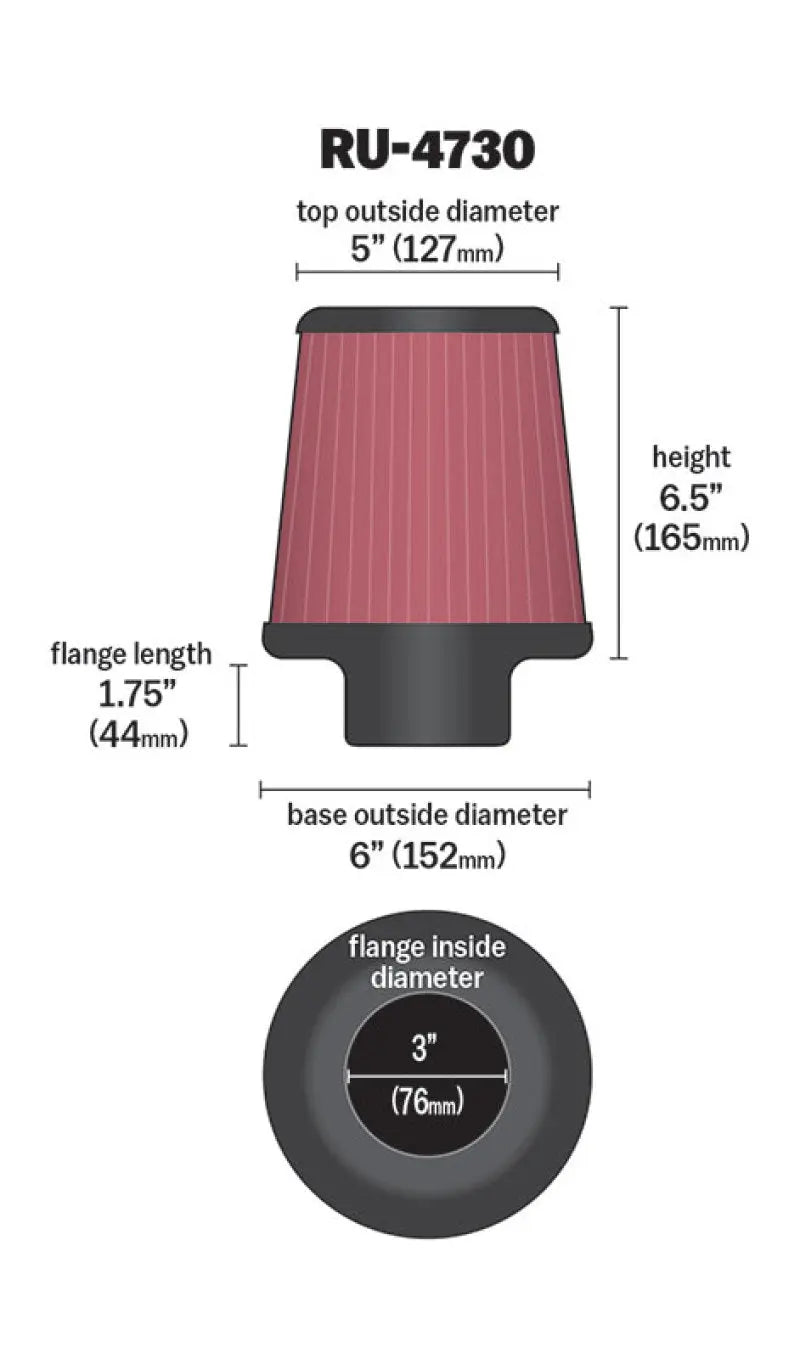 K&N Filter 3 inch Flange 6 inch Base 5 Top 6 1/2 inch Height K&N Engineering