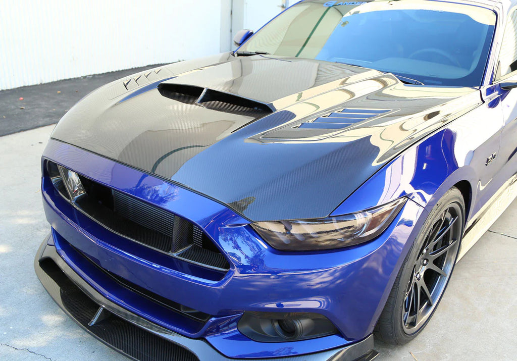 Anderson Composites 2015 - 2017 Mustang Double Sided Carbon Fiber Ram Air Hood - AC-HD15FDMU-AB-DS