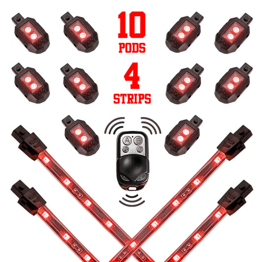 XKGlow Red - 10xPod + 4x8"Strips Single Color XKGlow LED Accent Light Motorcycle Kit - 14 Piece - Part XK034002-R