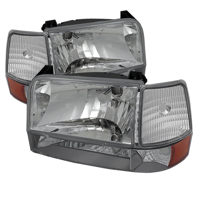 Xtune Ford F150/Bronco 92-96 Headlights w/Corner Bumper 6pcs Amber- Chrome HD-JH-FB92-SET-AM-C SPYDER