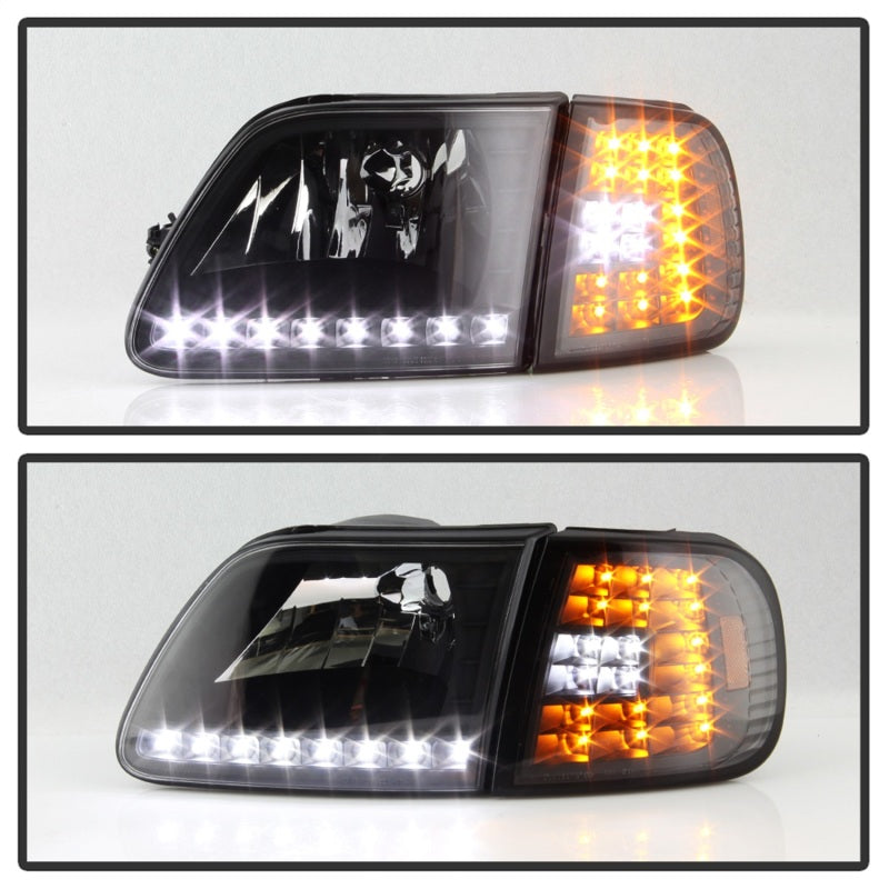 Xtune Ford F150 97-03 Crystal Headlights w/ Clear LED Corners Black HD-ON-FF15097-LED-SET-BK SPYDER
