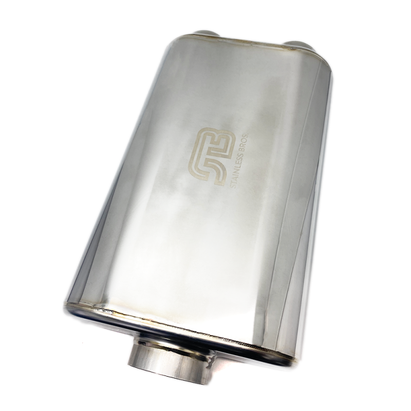 Stainless Bros 17in Overall Length 3in Thin Oval SS304 Muffler - 3in Offset In/Offset Out