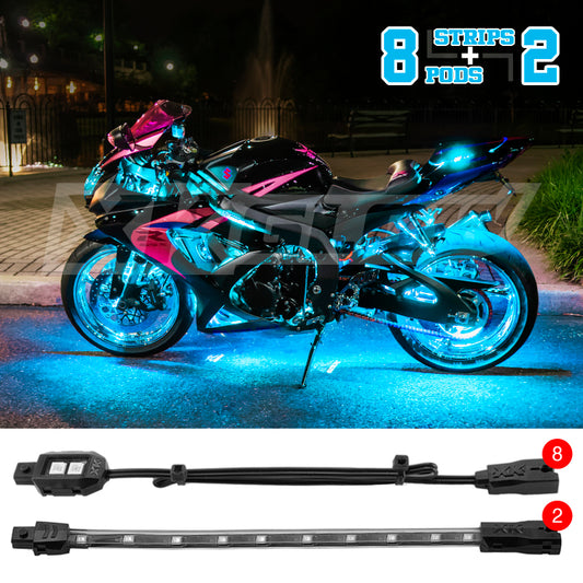 XKGlow Light Blue - 8xPod + 2x8" Strips Single Color XKGlow LED Accent Light Motorcycle Kit - 10 Piece - Part XK034001-AB