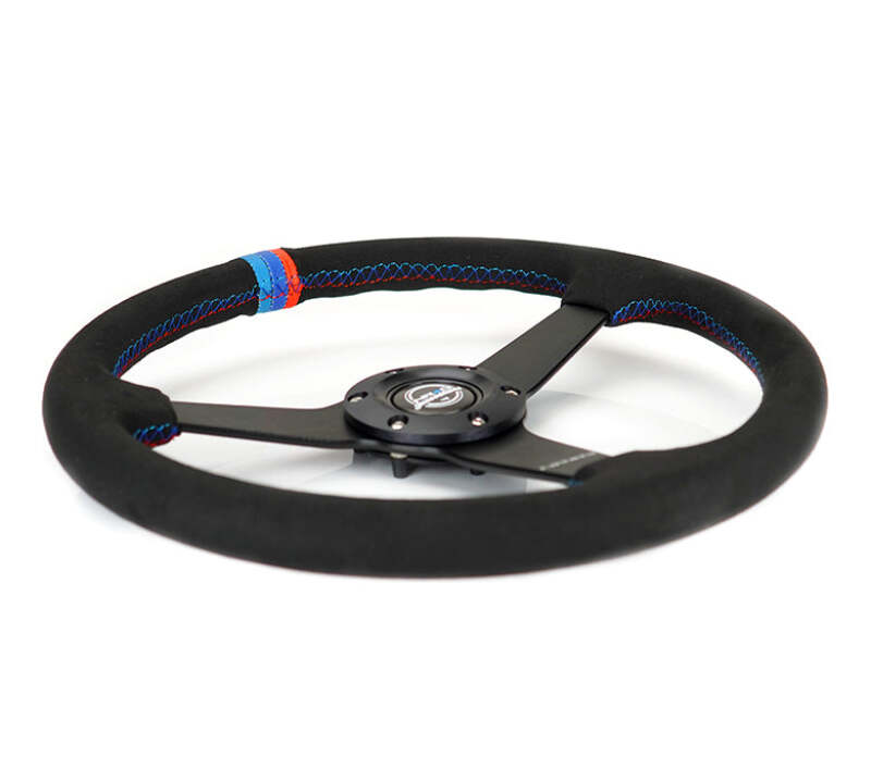 NRG Innovations 350mm Reinforced Flat Steering Wheel - Perforated Leather - Minty Fresh - M3 Tri-Color Stitch – RST-037MB-SA-M3
