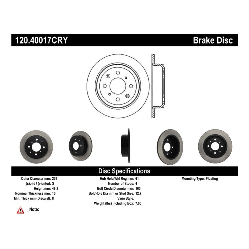 Stoptech Acura & Honda Civic/Del Sol Rear CRYO-STOP Rotor Stoptech