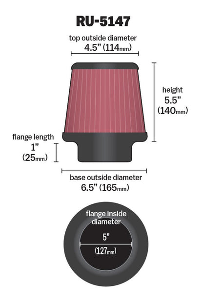 K&N Filter Universal Rubber Filter 5in Flange 6.5in Base 4.5in Top 5.5in Height K&N Engineering