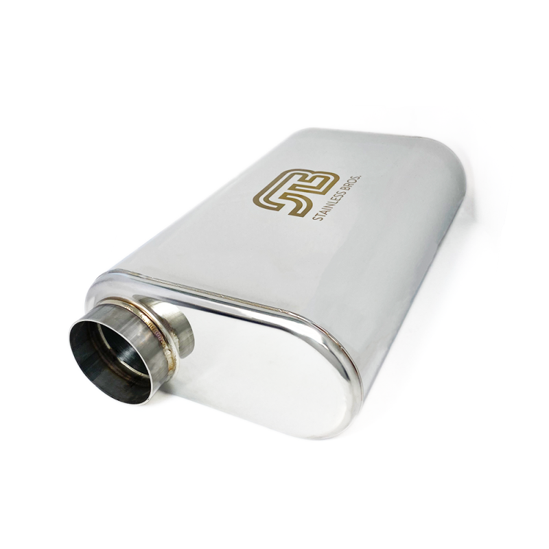 Stainless Bros 17in Overall Length 3in Thin Oval SS304 Muffler - 3in Offset In/Offset Out Stainless Bros