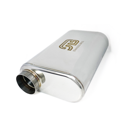 Stainless Bros 17in Overall Length 3in Thin Oval SS304 Muffler - 3in Offset In/Offset Out Stainless Bros