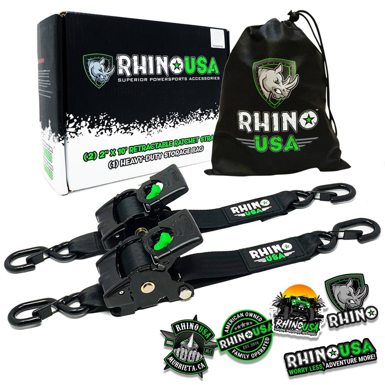 Rhino USA Retractable Ratchet Straps (2Pk 2Inx10Ft) (Black)